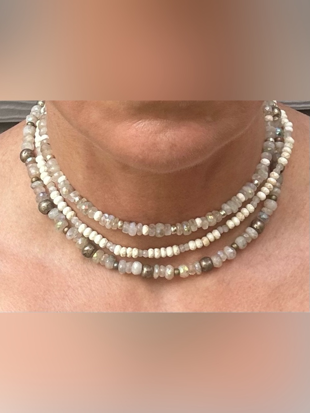 Artisan Triple-Strand Moonstone & Brass Beaded Necklace